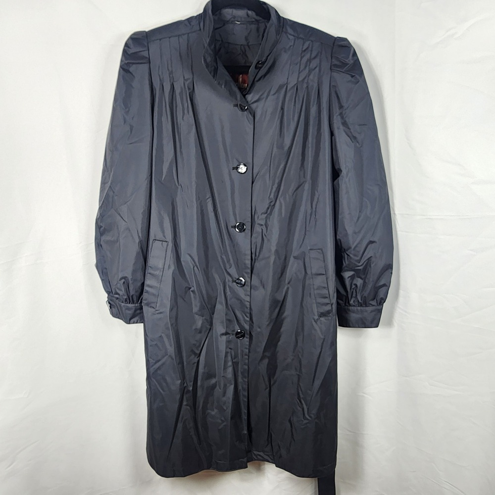 Vintage J Gallery Womens Black Pleated Shoulder Rain Trench Coat Size 14 80s 90s